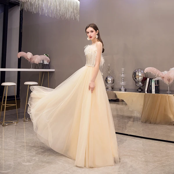 Elegant Burgundy Evening Dresses 2020 A-Line / Princess See-through Scoop Neck Sleeveless Feather Beading Floor-Length / Long Formal Dresses