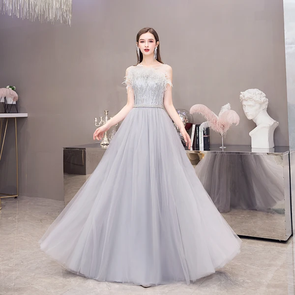 Elegant Burgundy Evening Dresses 2020 A-Line / Princess See-through Scoop Neck Sleeveless Feather Beading Floor-Length / Long Formal Dresses