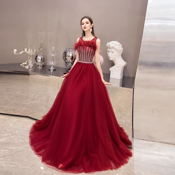 Elegant Burgundy Evening Dresses 2020 A-Line / Princess See-through Scoop Neck Sleeveless Feather Beading Floor-Length / Long Formal Dresses