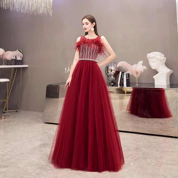 Elegant Burgundy Evening Dresses 2020 A-Line / Princess See-through Scoop Neck Sleeveless Feather Beading Floor-Length / Long Formal Dresses