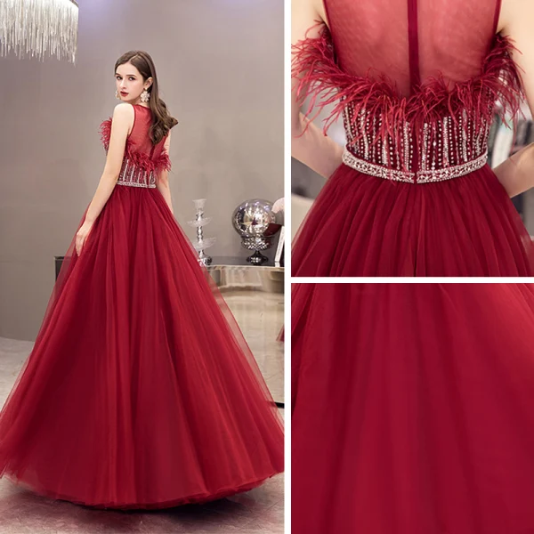 Elegant Burgundy Evening Dresses 2020 A-Line / Princess See-through Scoop Neck Sleeveless Feather Beading Floor-Length / Long Formal Dresses