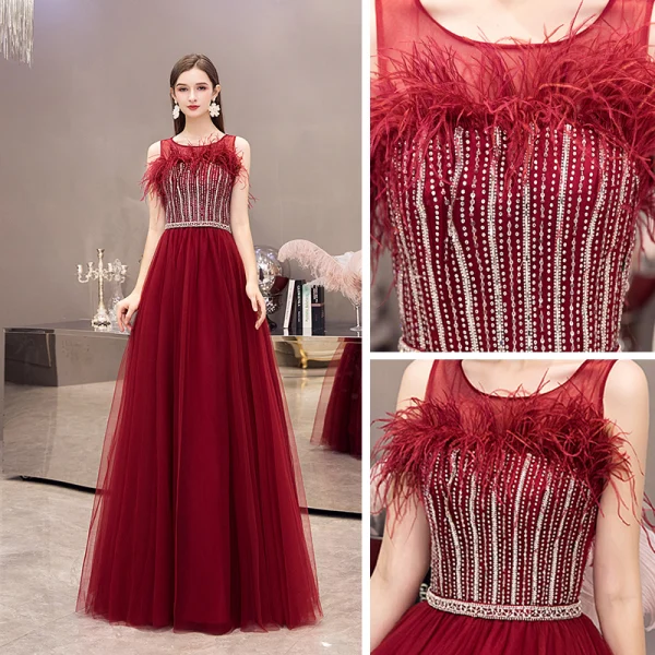 Elegant Burgundy Evening Dresses 2020 A-Line / Princess See-through Scoop Neck Sleeveless Feather Beading Floor-Length / Long Formal Dresses