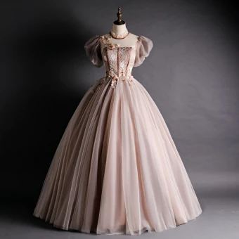 Victorian Style Brown See Through Prom Dresses 2020 Ball Gown High Neck Puffy Short Sleeve Appliques Lace Beading Floor Length Long Ruffle Backless