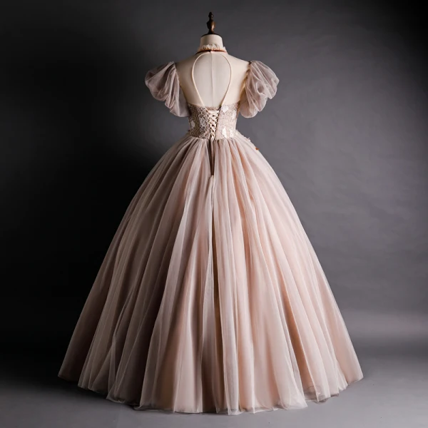 Victorian Style Brown See-through Prom Dresses 2020 Ball Gown High Neck Puffy Short Sleeve Appliques Lace Beading Floor-Length / Long Ruffle Backless