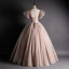 Victorian Style Brown See-through Prom Dresses 2020 Ball Gown High Neck Puffy Short Sleeve Appliques Lace Beading Floor-Length / Long Ruffle Backless