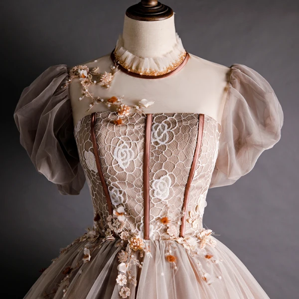 Victorian Style Brown See-through Prom Dresses 2020 Ball Gown High Neck Puffy Short Sleeve Appliques Lace Beading Floor-Length / Long Ruffle Backless