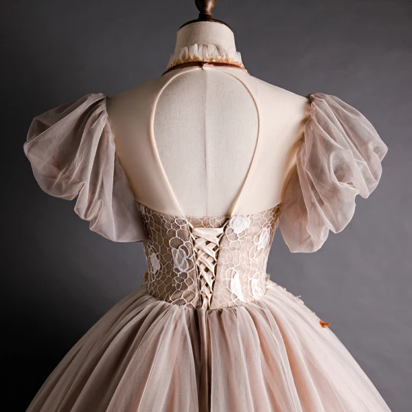 Victorian Style Brown See-through Prom Dresses 2020 Ball Gown High Neck Puffy Short Sleeve Appliques Lace Beading Floor-Length / Long Ruffle Backless