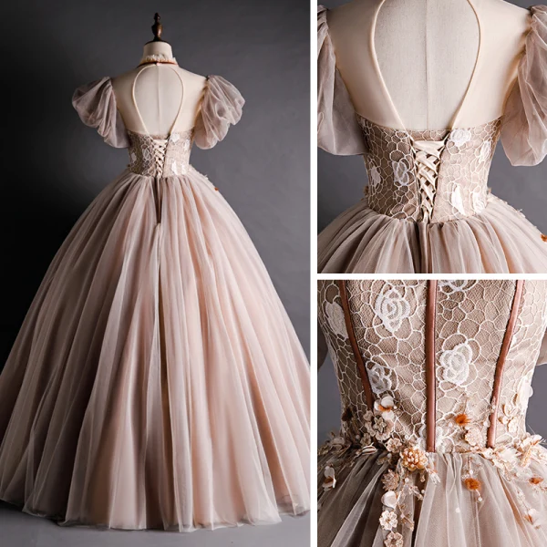 Victorian Style Brown See-through Prom Dresses 2020 Ball Gown High Neck Puffy Short Sleeve Appliques Lace Beading Floor-Length / Long Ruffle Backless