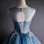 Chic / Beautiful Ocean Blue Prom Dresses 2020 Ball Gown See-through Scoop Neck Sleeveless Appliques Lace Beading Court Train Ruffle Backless Formal Dresses
