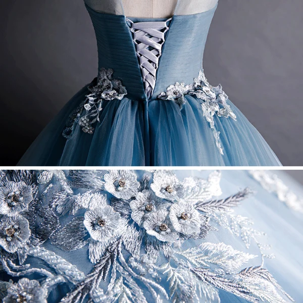 Chic / Beautiful Ocean Blue Prom Dresses 2020 Ball Gown See-through Scoop Neck Sleeveless Appliques Lace Beading Court Train Ruffle Backless Formal Dresses