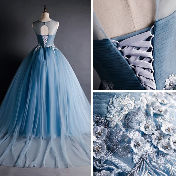 Chic / Beautiful Ocean Blue Prom Dresses 2020 Ball Gown See-through Scoop Neck Sleeveless Appliques Lace Beading Court Train Ruffle Backless Formal Dresses