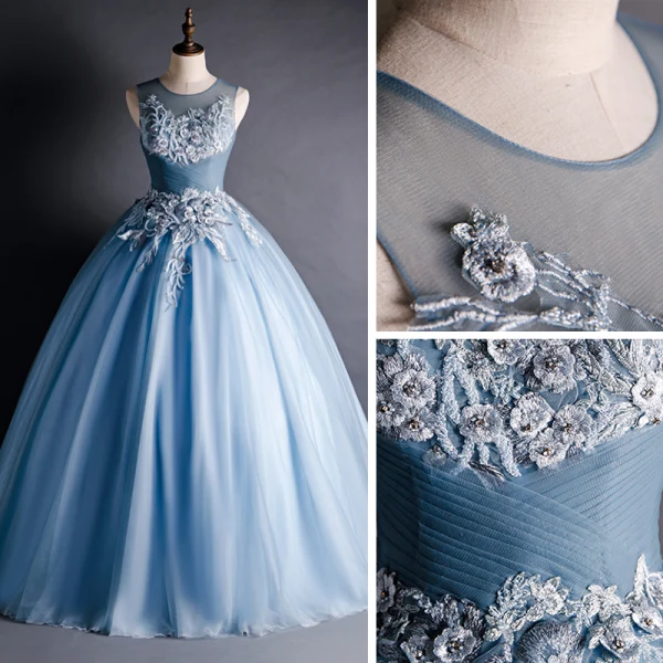 Chic / Beautiful Ocean Blue Prom Dresses 2020 Ball Gown See-through Scoop Neck Sleeveless Appliques Lace Beading Court Train Ruffle Backless Formal Dresses