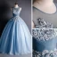 Chic / Beautiful Ocean Blue Prom Dresses 2020 Ball Gown See-through Scoop Neck Sleeveless Appliques Lace Beading Court Train Ruffle Backless Formal Dresses