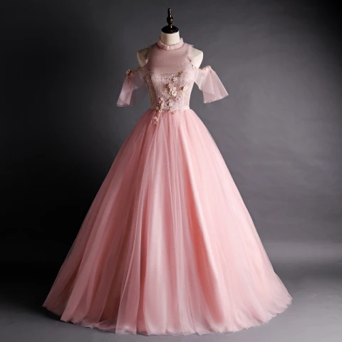 Vintage Parel Roze Galajurken 2020 Baljurk Doorzichtige Hoge Kraag Korte Mouwen Appliques Kant Pailletten Kralen Lange Ruche Ruglooze Gelegenheid Jurken