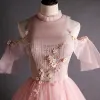 Vintage / Retro Pearl Pink Prom Dresses 2020 Ball Gown See-through High Neck Short Sleeve Appliques Lace Sequins Beading Floor-Length / Long Ruffle Backless Formal Dresses