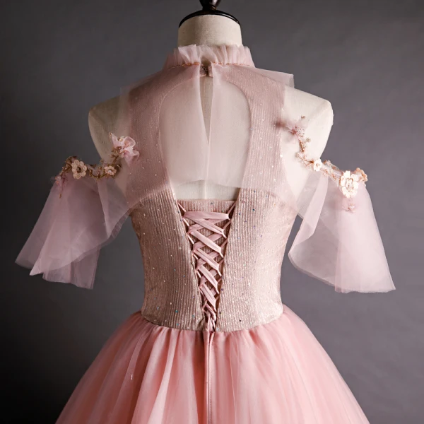 Vintage / Retro Pearl Pink Prom Dresses 2020 Ball Gown See-through High Neck Short Sleeve Appliques Lace Sequins Beading Floor-Length / Long Ruffle Backless Formal Dresses