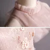 Vintage / Retro Pearl Pink Prom Dresses 2020 Ball Gown See-through High Neck Short Sleeve Appliques Lace Sequins Beading Floor-Length / Long Ruffle Backless Formal Dresses