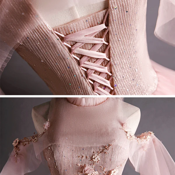 Vintage / Retro Pearl Pink Prom Dresses 2020 Ball Gown See-through High Neck Short Sleeve Appliques Lace Sequins Beading Floor-Length / Long Ruffle Backless Formal Dresses