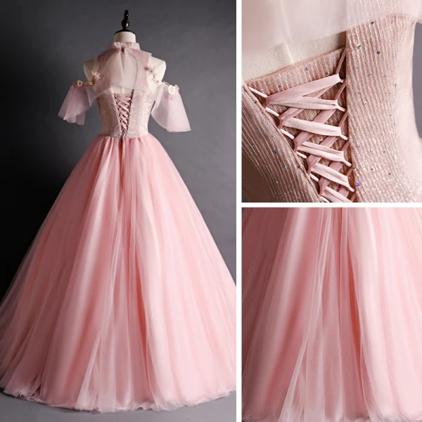 Vintage / Retro Pearl Pink Prom Dresses 2020 Ball Gown See-through High Neck Short Sleeve Appliques Lace Sequins Beading Floor-Length / Long Ruffle Backless Formal Dresses