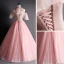 Vintage / Retro Pearl Pink Prom Dresses 2020 Ball Gown See-through High Neck Short Sleeve Appliques Lace Sequins Beading Floor-Length / Long Ruffle Backless Formal Dresses