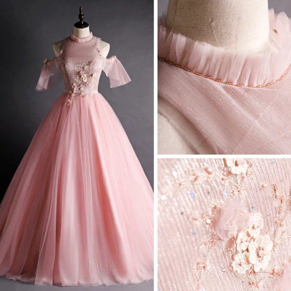 Vintage / Retro Pearl Pink Prom Dresses 2020 Ball Gown See-through High Neck Short Sleeve Appliques Lace Sequins Beading Floor-Length / Long Ruffle Backless Formal Dresses