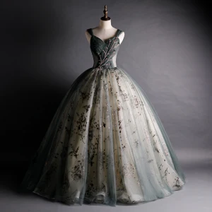 Charmant Doré Gris Dansant Robe De Bal 2020 Robe Boule Épaules Sans Manches Perlage Appliques Paillettes Longue Volants Dos Nu Robe De Ceremonie