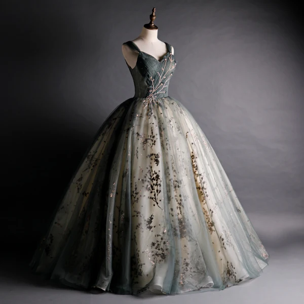 Charmant Gold Grau Tanzen Ballkleider 2020 Ballkleid Schultern Ärmellos Perlenstickerei Applikationen Pailletten Lange Rüschen Rückenfreies Festliche Kleider