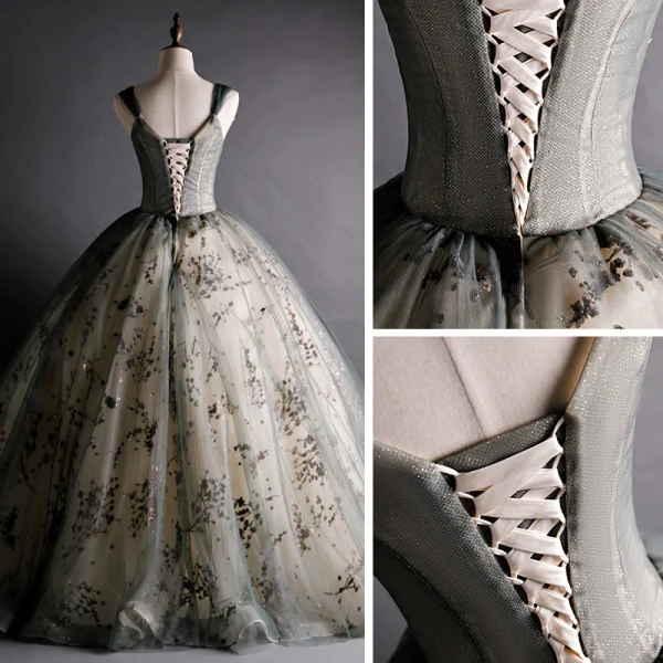 Charmant Gold Grau Tanzen Ballkleider 2020 Ballkleid Schultern Ärmellos Perlenstickerei Applikationen Pailletten Lange Rüschen Rückenfreies Festliche Kleider