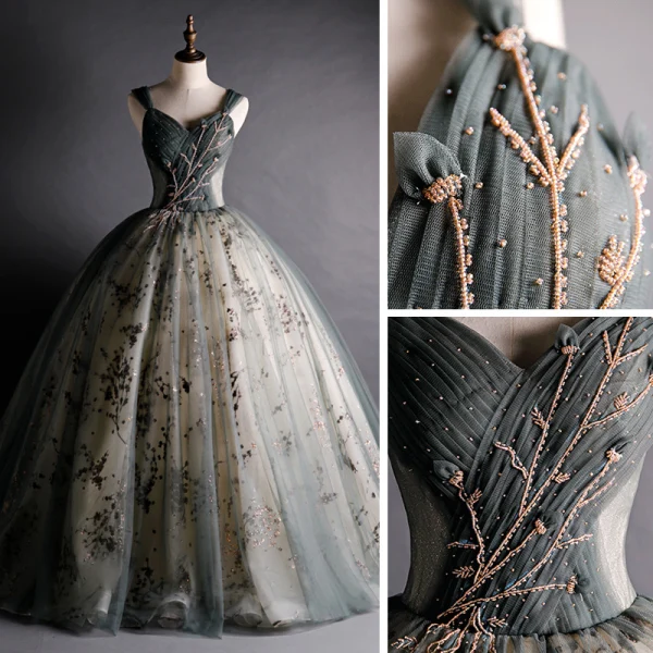 Charmant Gold Grau Tanzen Ballkleider 2020 Ballkleid Schultern Ärmellos Perlenstickerei Applikationen Pailletten Lange Rüschen Rückenfreies Festliche Kleider