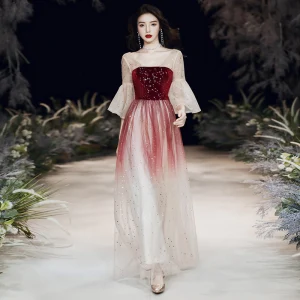 Chic Belle Bordeaux Dégradé De Couleur Robe De Soirée 2020 Princesse Encolure Carrée Manches De Cloche Étoile Brodé Paillettes Longue Volants Dos Nu Robe De Ceremonie