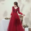 Victorian Style Burgundy Evening Dresses  2020 Ball Gown V-Neck Puffy Long Sleeve Beading Glitter Tulle Floor-Length / Long Backless Formal Dresses