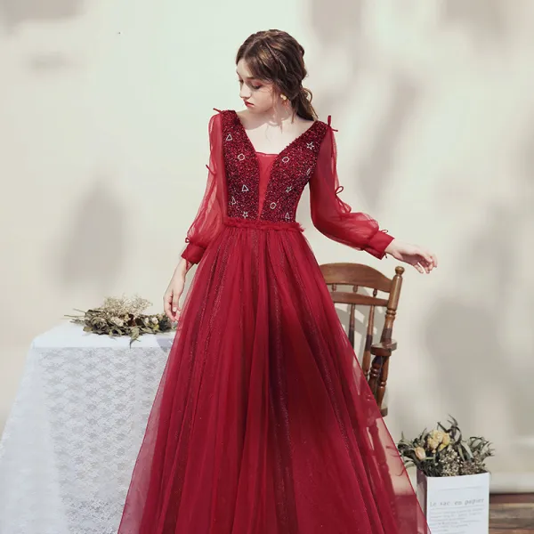 Victorian Style Burgundy Evening Dresses  2020 Ball Gown V-Neck Puffy Long Sleeve Beading Glitter Tulle Floor-Length / Long Backless Formal Dresses