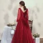 Victorian Style Burgundy Evening Dresses  2020 Ball Gown V-Neck Puffy Long Sleeve Beading Glitter Tulle Floor-Length / Long Backless Formal Dresses