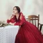 Victorian Style Burgundy Evening Dresses  2020 Ball Gown V-Neck Puffy Long Sleeve Beading Glitter Tulle Floor-Length / Long Backless Formal Dresses