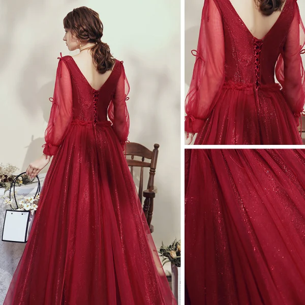 Victorian Style Burgundy Evening Dresses  2020 Ball Gown V-Neck Puffy Long Sleeve Beading Glitter Tulle Floor-Length / Long Backless Formal Dresses