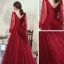 Victorian Style Burgundy Evening Dresses  2020 Ball Gown V-Neck Puffy Long Sleeve Beading Glitter Tulle Floor-Length / Long Backless Formal Dresses