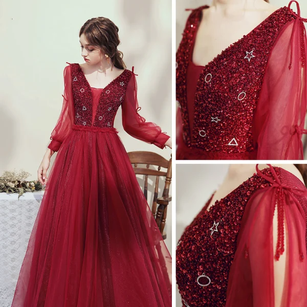 Victorian Style Burgundy Evening Dresses  2020 Ball Gown V-Neck Puffy Long Sleeve Beading Glitter Tulle Floor-Length / Long Backless Formal Dresses