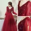 Victorian Style Burgundy Evening Dresses  2020 Ball Gown V-Neck Puffy Long Sleeve Beading Glitter Tulle Floor-Length / Long Backless Formal Dresses