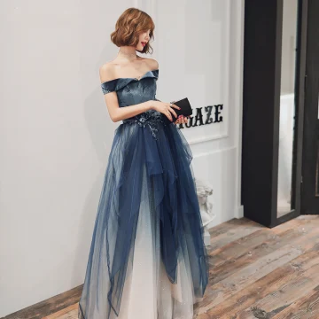 Chic Beautiful Navy Blue Gradient Color Evening Dresses 2020 A Line Princess Off The Shoulder Short Sleeve Rhinestone Glitter Tulle Floor Length Long Ruffle Backless Formal Dresses