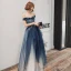 Chic / Belle Bleu Marine Dégradé De Couleur Robe De Soirée 2020 Princesse De l'épaule Manches Courtes Faux Diamant Glitter Tulle Longue Volants Dos Nu Robe De Ceremonie