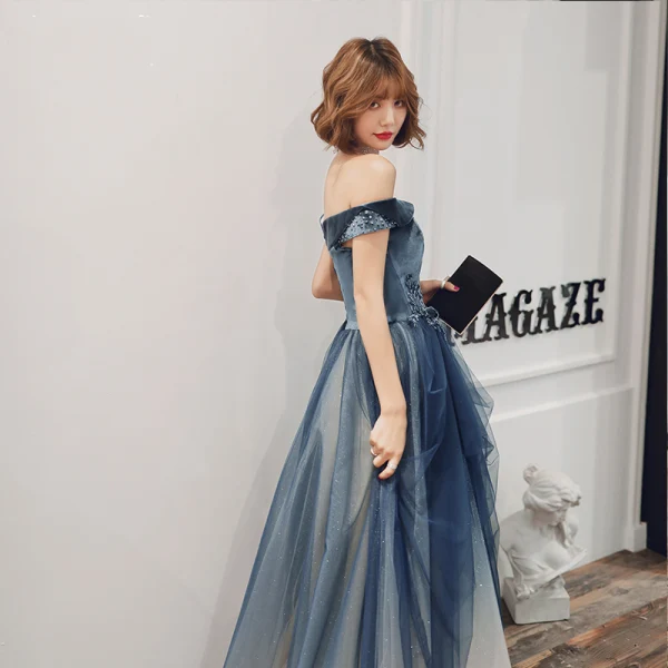 Chic / Belle Bleu Marine Dégradé De Couleur Robe De Soirée 2020 Princesse De l'épaule Manches Courtes Faux Diamant Glitter Tulle Longue Volants Dos Nu Robe De Ceremonie