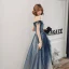 Chic / Belle Bleu Marine Dégradé De Couleur Robe De Soirée 2020 Princesse De l'épaule Manches Courtes Faux Diamant Glitter Tulle Longue Volants Dos Nu Robe De Ceremonie