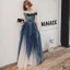 Chic / Belle Bleu Marine Dégradé De Couleur Robe De Soirée 2020 Princesse De l'épaule Manches Courtes Faux Diamant Glitter Tulle Longue Volants Dos Nu Robe De Ceremonie