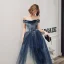 Chic / Belle Bleu Marine Dégradé De Couleur Robe De Soirée 2020 Princesse De l'épaule Manches Courtes Faux Diamant Glitter Tulle Longue Volants Dos Nu Robe De Ceremonie