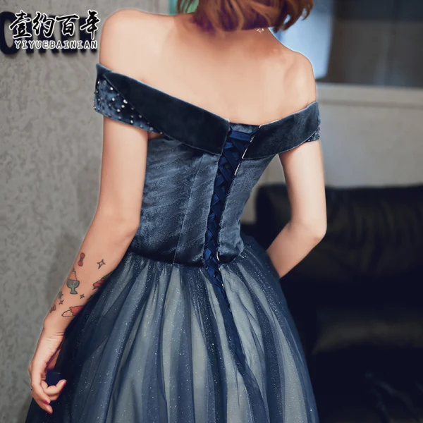 Chic / Belle Bleu Marine Dégradé De Couleur Robe De Soirée 2020 Princesse De l'épaule Manches Courtes Faux Diamant Glitter Tulle Longue Volants Dos Nu Robe De Ceremonie