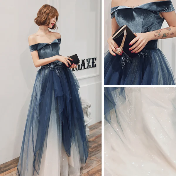 Chic / Belle Bleu Marine Dégradé De Couleur Robe De Soirée 2020 Princesse De l'épaule Manches Courtes Faux Diamant Glitter Tulle Longue Volants Dos Nu Robe De Ceremonie