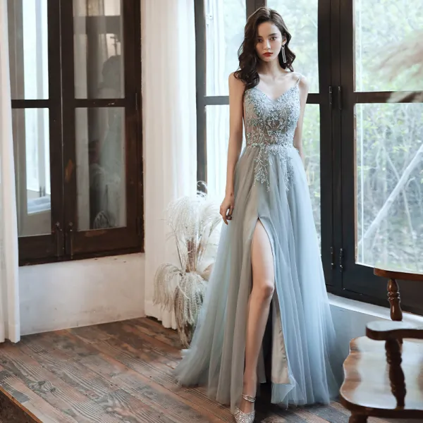 Elegant Grey Prom Dresses 2020 A-Line / Princess Spaghetti Straps Sleeveless Beading Split Front Sweep Train Ruffle Backless Formal Dresses