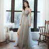 Elegant Grey Prom Dresses 2020 A-Line / Princess Spaghetti Straps Sleeveless Beading Split Front Sweep Train Ruffle Backless Formal Dresses