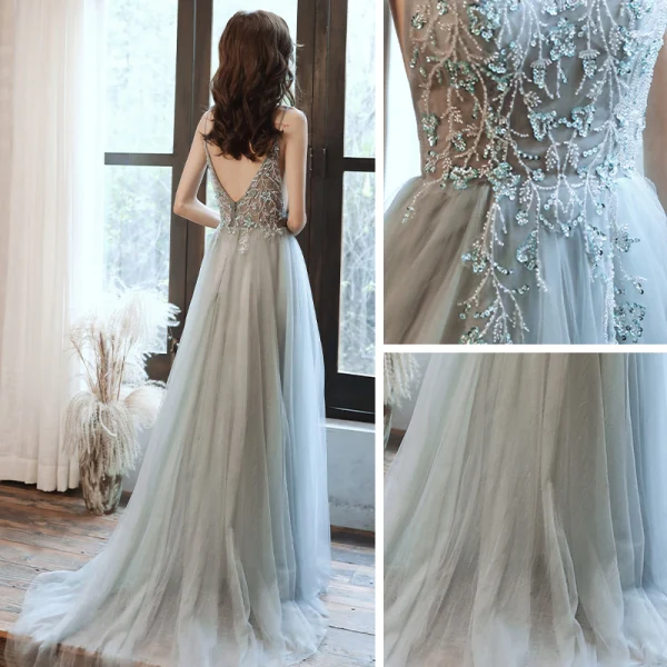 Elegante Grau Ballkleider 2020 A Linie Spaghettiträger Ärmellos Perlenstickerei Gespaltete Front Sweep / Pinsel Zug Rüschen Rückenfreies Festliche Kleider