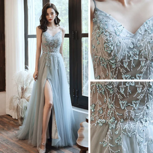 Elegante Grau Ballkleider 2020 A Linie Spaghettiträger Ärmellos Perlenstickerei Gespaltete Front Sweep / Pinsel Zug Rüschen Rückenfreies Festliche Kleider